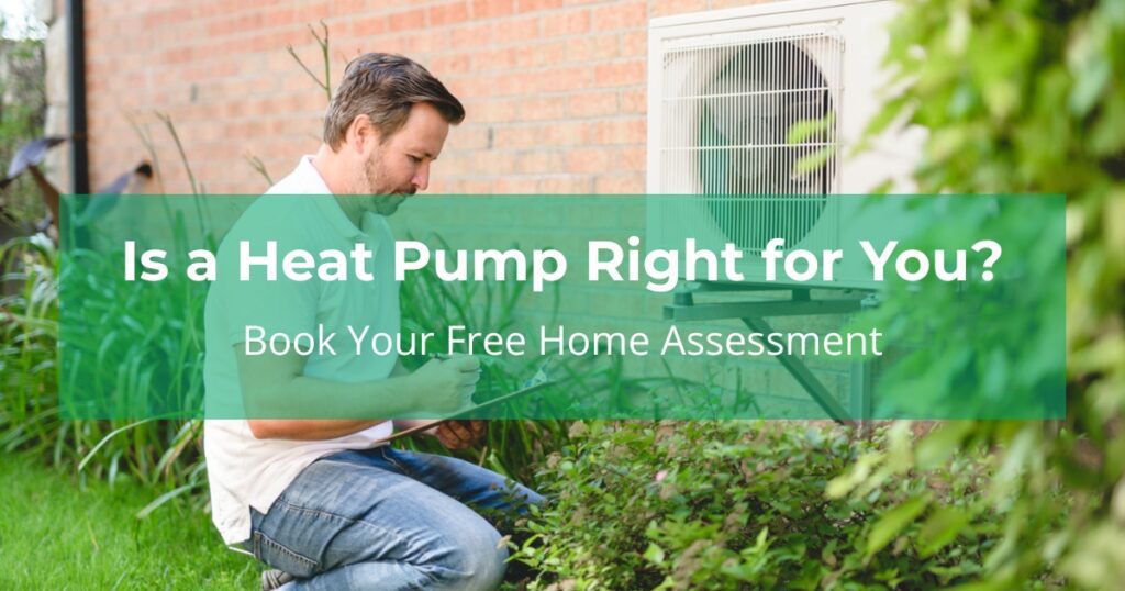 A GreenPump Energy technician inspecting an outdoor heat pump unit during a free home assessment at a Nova Scotia residence.