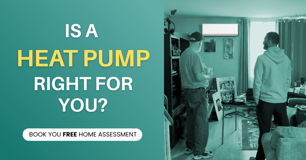 A GreenPump Energy technician inspecting an outdoor heat pump unit during a free home assessment at a Nova Scotia residence.